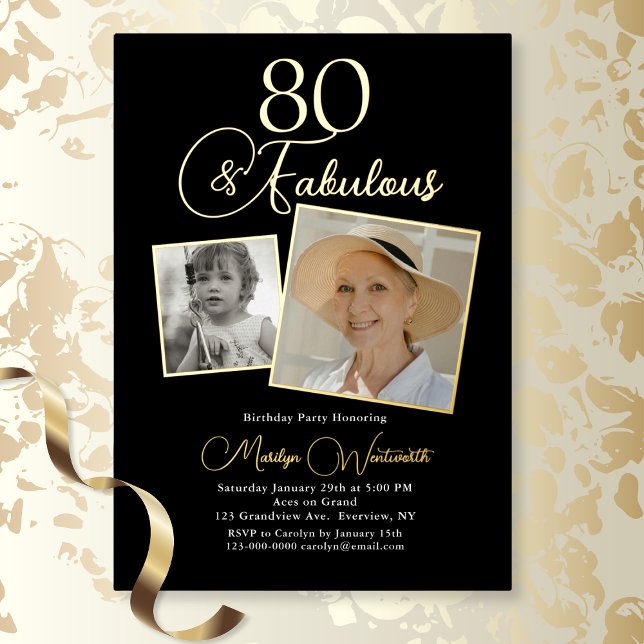 Invitación Con Relieve Metalizado Elegant 80th Birthday Script Photo (Gold Foil )