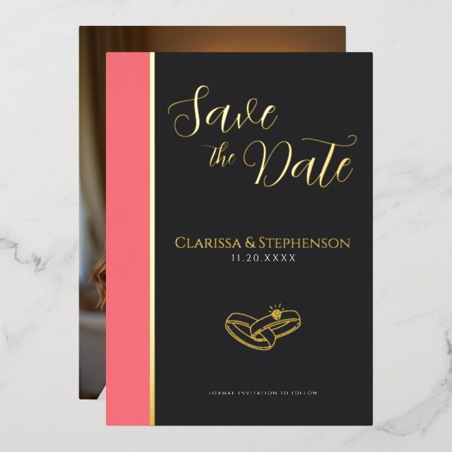 Invitación Con Relieve Metalizado Elegant Anthracite Blush Pink Photo Save The Date (Anverso/Reverso)