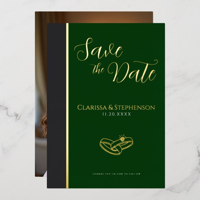 Invitación Con Relieve Metalizado Elegant  Anthracite Dark Green Photo Save The Date (Anverso/Reverso)