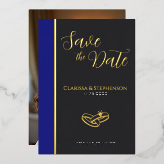 Invitación Con Relieve Metalizado Elegant Anthracite Deep Blue  Photo Save The Date