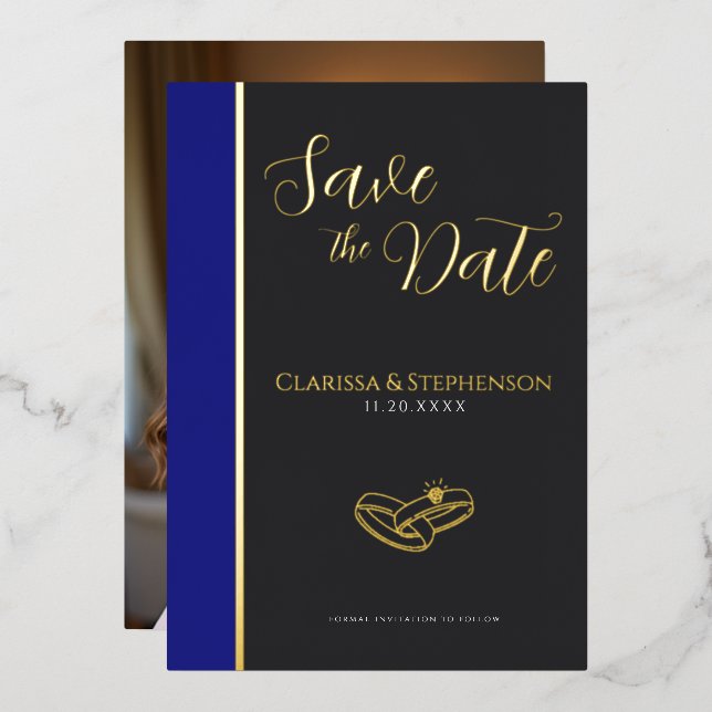 Invitación Con Relieve Metalizado Elegant Anthracite Deep Blue  Photo Save The Date (Anverso/Reverso)