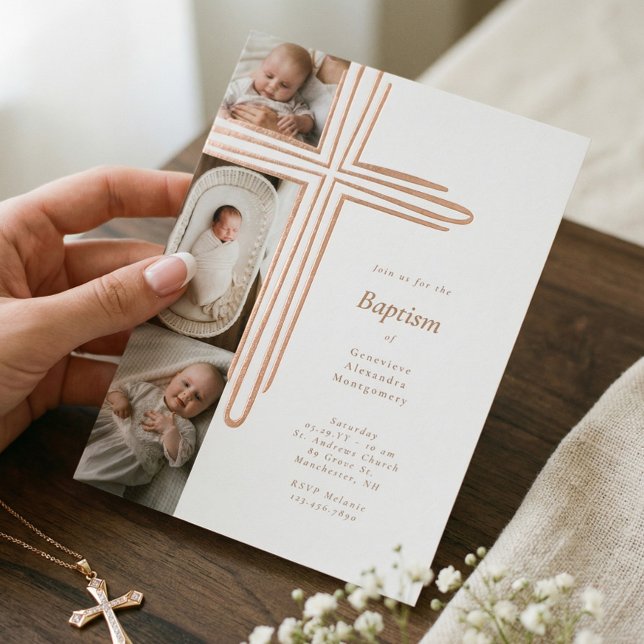 Invitación Con Relieve Metalizado Elegant Baptism Christening Religious Cross Photo (Elegant Baptism Christening Religious Cross Photo Foil Invitation)