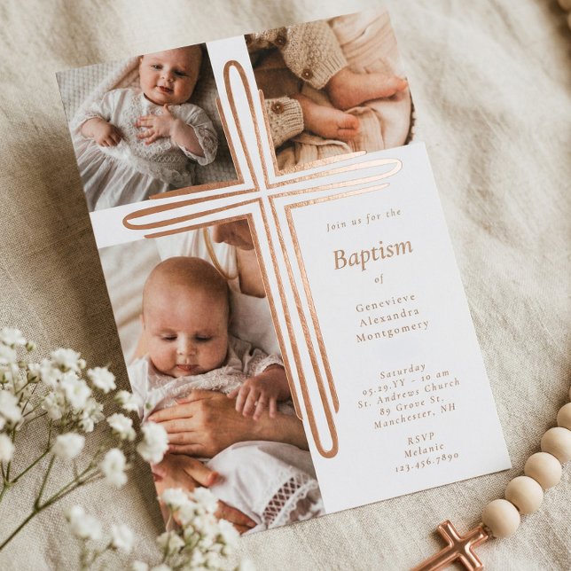 Invitación Con Relieve Metalizado Elegant Baptism Christening Religious Photo Cross (Elegant Baptism Christening Religious Photo Cross Foil Invitation)