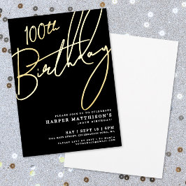 Invitación Con Relieve Metalizado Elegant Black 100th Birthday Gold