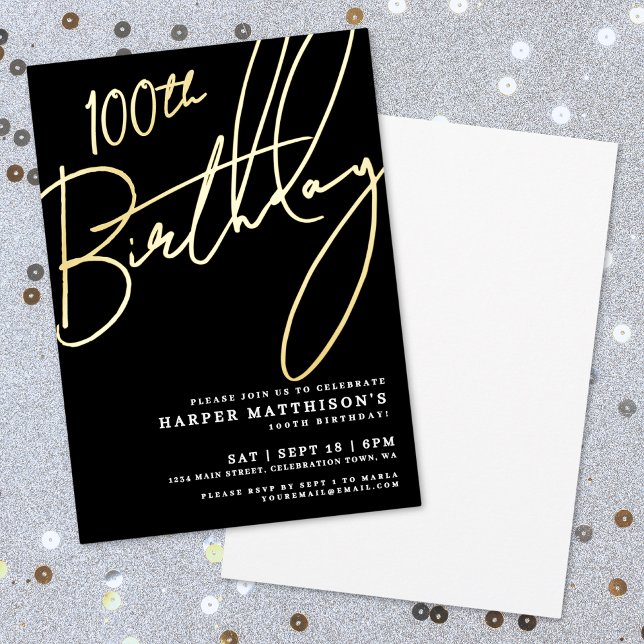Invitación Con Relieve Metalizado Elegant Black 100th Birthday Gold (Elegant Black 100th Birthday Gold Foil Invitation)
