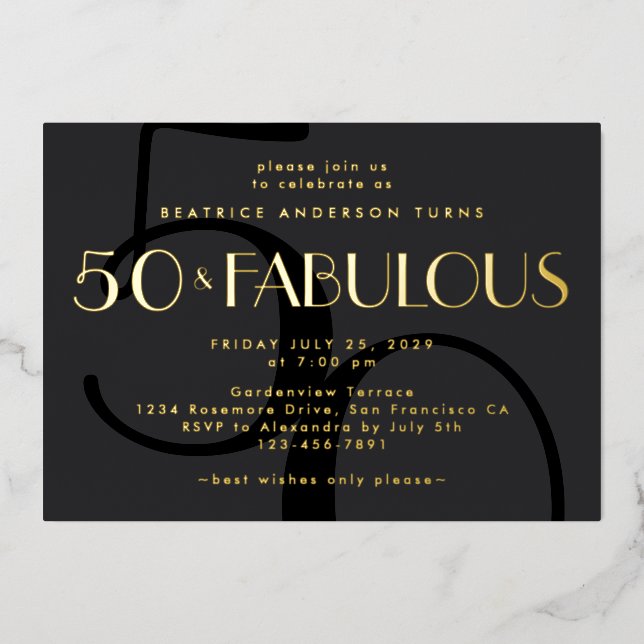 Invitación Con Relieve Metalizado Elegant Black 50th Birthday Party Gold (Anverso)
