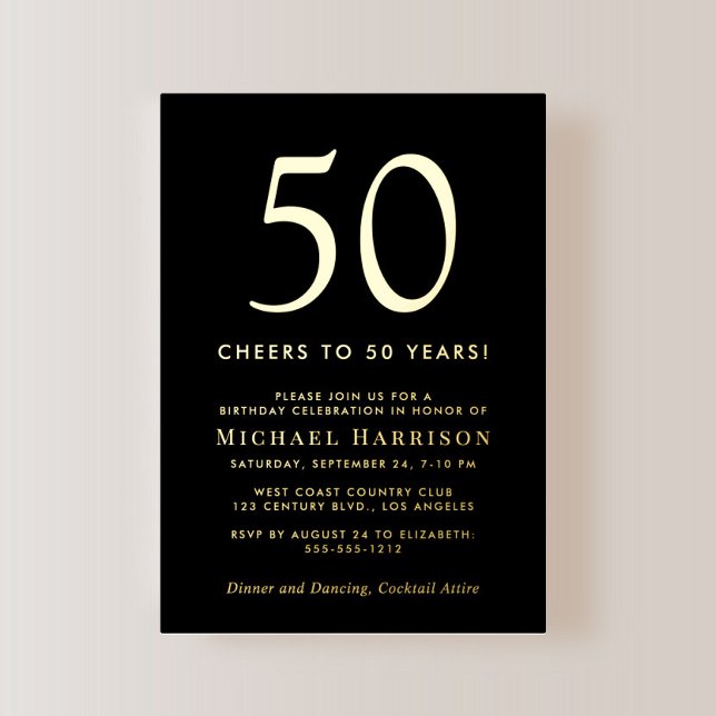 Invitación Con Relieve Metalizado Elegant Black 50th Birthday Party Gold (Subido por el creador)