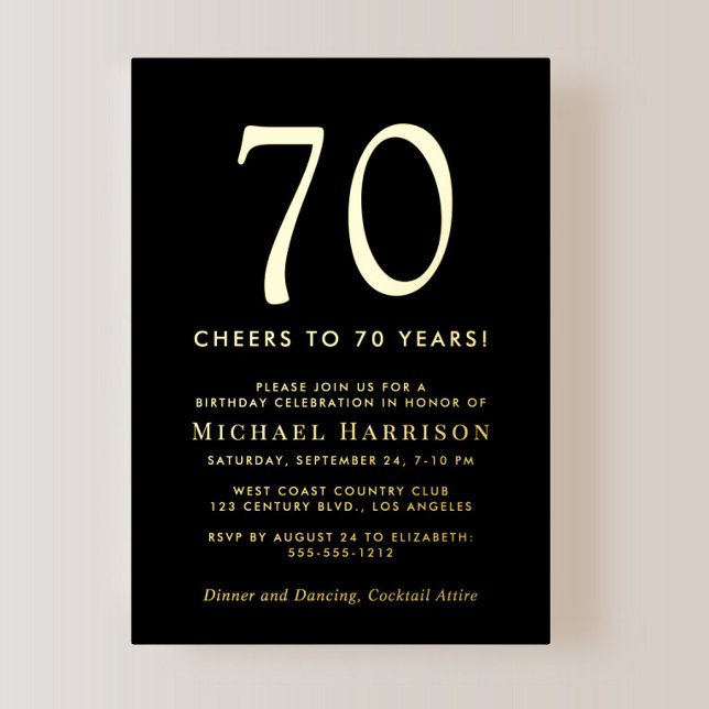 Invitación Con Relieve Metalizado Elegant Black 70th Birthday Party Gold (Subido por el creador)