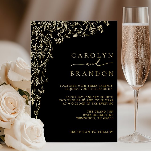 Invitación Con Relieve Metalizado Elegant Black and Gold Filigree Wedding (Elegant Black and Gold Filigree Wedding Foil Invitation)
