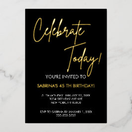 Invitación Con Relieve Metalizado  Elegant Black and Gold Foil Birthday Invitation