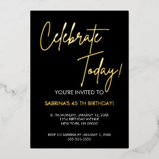 Invitación Con Relieve Metalizado Elegant Black and Gold Foil Birthday Invitation