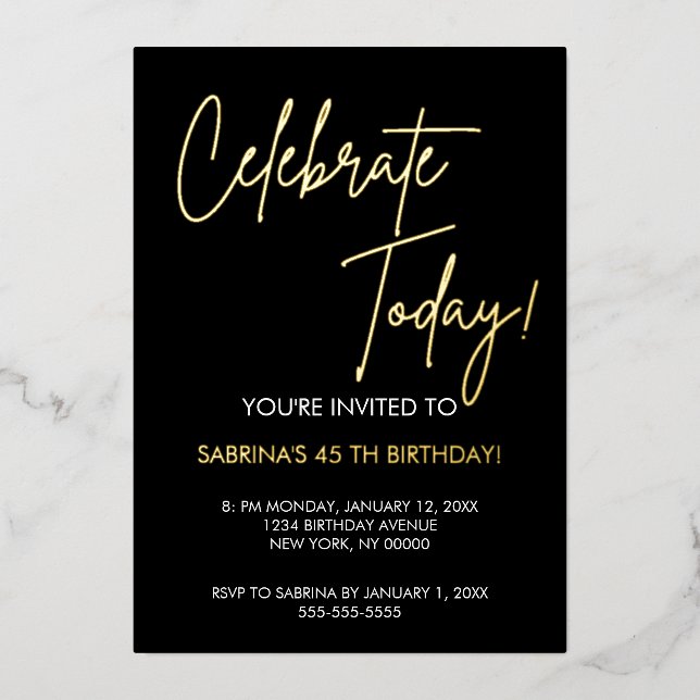 Invitación Con Relieve Metalizado  Elegant Black and Gold Foil Birthday Invitation (Anverso)