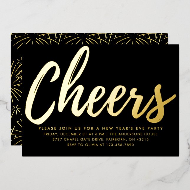 Invitación Con Relieve Metalizado Elegant Black and Gold New Year's Eve Party  (Anverso/Reverso)