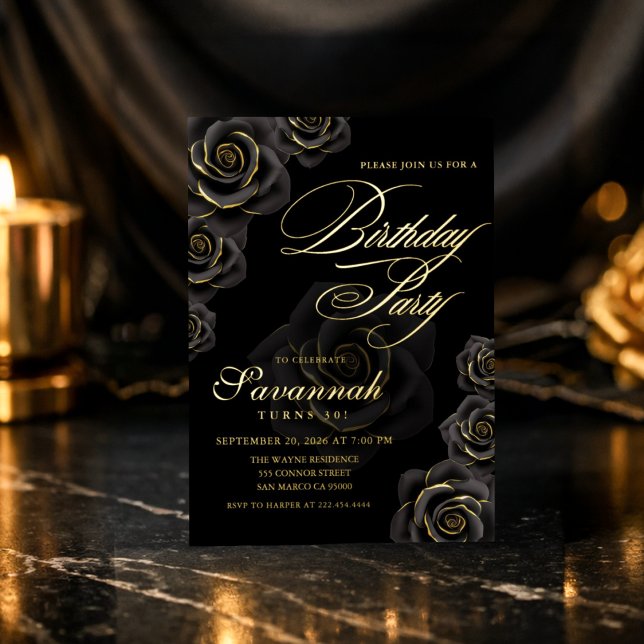 Invitación Con Relieve Metalizado Elegant Black and Gold Rose Birthday  (Subido por el creador)