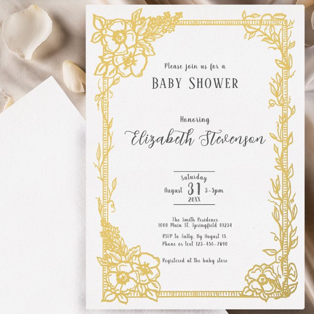 Invitación Con Relieve Metalizado Elegant Black and White Floral Baby Shower Gold (Subido por el creador)
