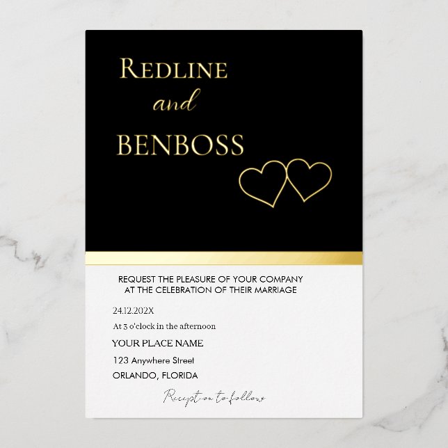 Invitación Con Relieve Metalizado Elegant Black and white Wedding Invitation Gold (Anverso)