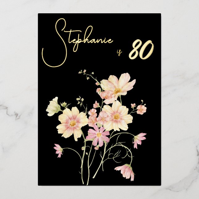 Invitación Con Relieve Metalizado Elegant Black Blush Floral 80th Birthday Rose Gold (Anverso)