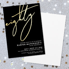 Invitación Con Relieve Metalizado Elegant Black Eighty 80th Birthday Gold