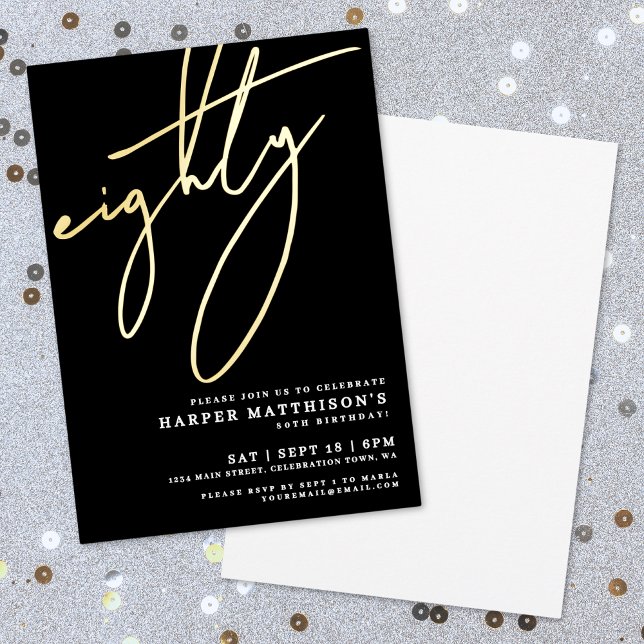 Invitación Con Relieve Metalizado Elegant Black Eighty 80th Birthday Gold (Elegant Black Eighty 80th Birthday Gold Foil Invitation)