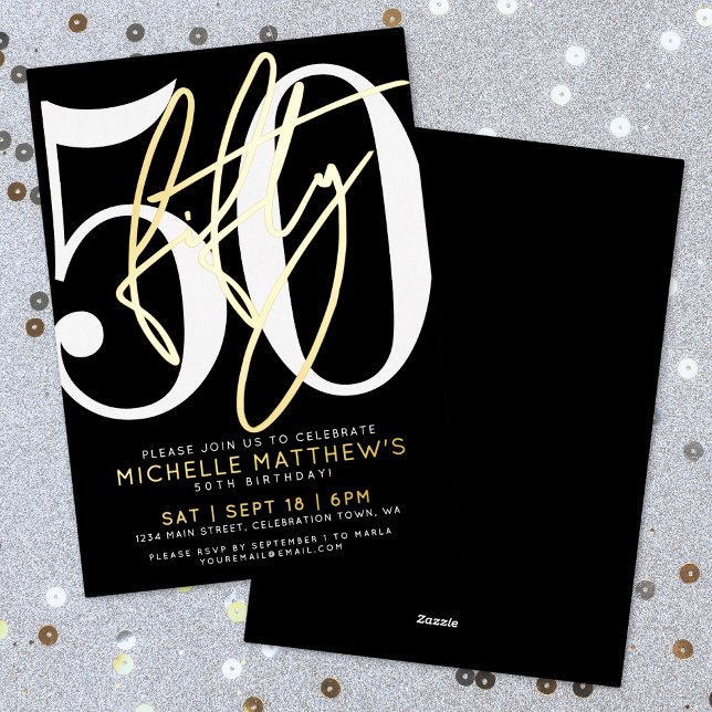 Invitación Con Relieve Metalizado Elegant Black Fifty 50th Birthday Gold (Elegant Black Fifty 50th Birthday Gold Foil Invitation)