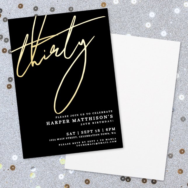 Invitación Con Relieve Metalizado Elegant Black Forty 30th Birthday Gold (Elegant Black Forty 30th Birthday Gold Foil Invitation)