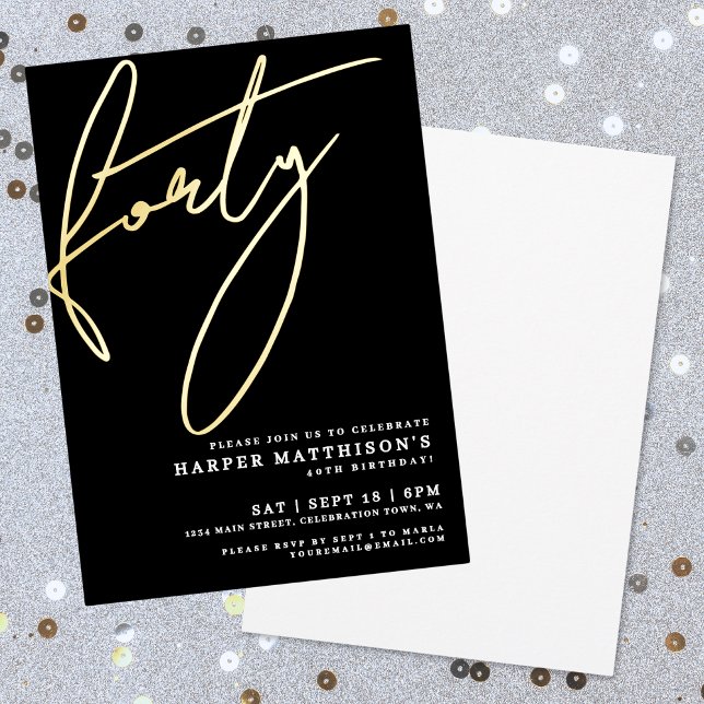 Invitación Con Relieve Metalizado Elegant Black Forty 40th Birthday Gold (Elegant Black Forty 40th Birthday Gold Foil Invitation)
