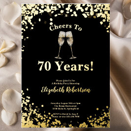 Invitación Con Relieve Metalizado Elegant Black Gold Cheers to 70 Years Birthday