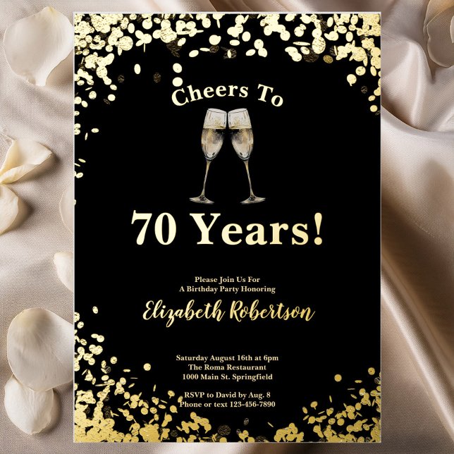 Invitación Con Relieve Metalizado Elegant Black Gold Cheers to 70 Years Birthday (Subido por el creador)