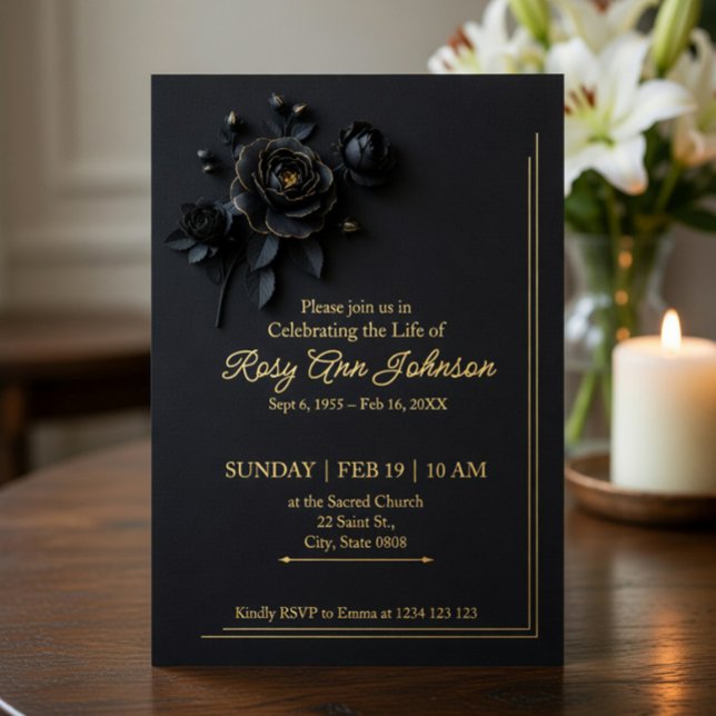 Invitación Con Relieve Metalizado Elegant Black & Gold Floral Memorial Invitation  (Subido por el creador)