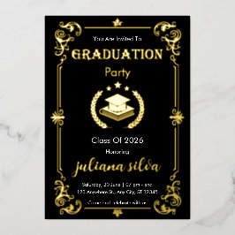 Invitación Con Relieve Metalizado Elegant Black & Gold Foil Graduation Invitation