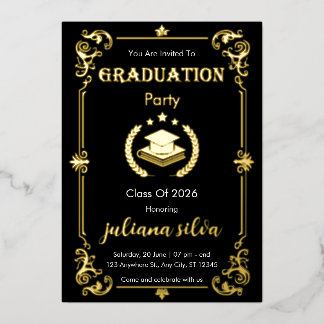 Invitación Con Relieve Metalizado Elegant Black & Gold Foil Graduation Invitation