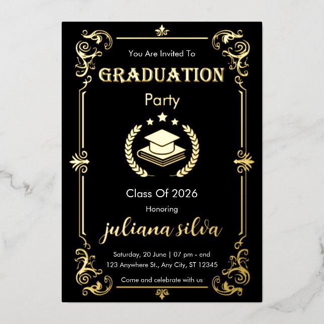 Invitación Con Relieve Metalizado Elegant Black & Gold Foil Graduation Invitation (Anverso)