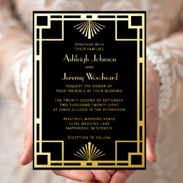 Invitación Con Relieve Metalizado Elegant Black Gold Geo Vintage 1920s Deco Wedding