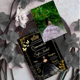 Invitación Con Relieve Metalizado Elegant Black Gold Photo Quinceañera Invite