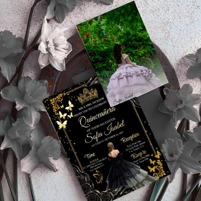 Invitación Con Relieve Metalizado Elegant Black Gold Photo Quinceañera Invite (Subido por el creador)