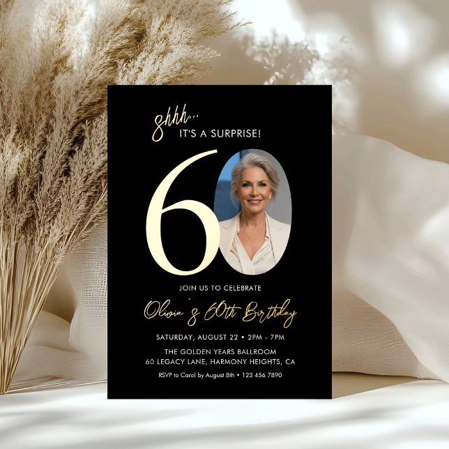 Invitación Con Relieve Metalizado Elegant Black Gold Surprise 60th Birthday Photo (Subido por el creador)