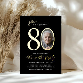 Invitación Con Relieve Metalizado Elegant Black Gold Surprise 80th Birthday Photo