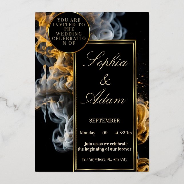 Invitación Con Relieve Metalizado Elegant Black & Gold Wedding Invitation (Anverso)