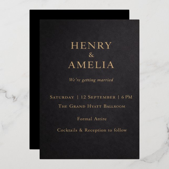 Invitación Con Relieve Metalizado Elegant Black & Gold Wedding Invitation (Anverso/Reverso)