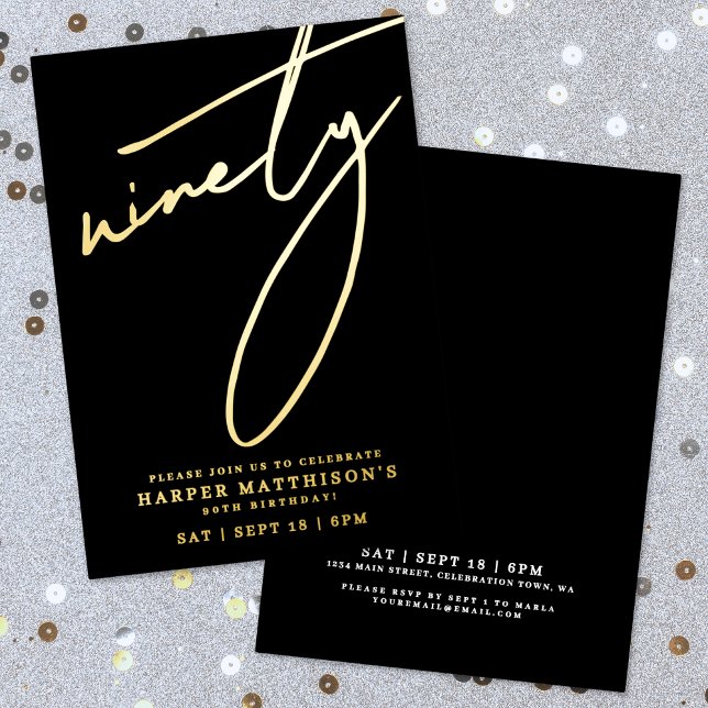 Invitación Con Relieve Metalizado Elegant Black Ninety 90th Birthday Gold (Elegant Black Ninety 90th Birthday Gold Foil Invitation)
