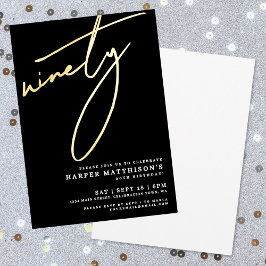 Invitación Con Relieve Metalizado Elegant Black Ninety 90th Birthday Gold