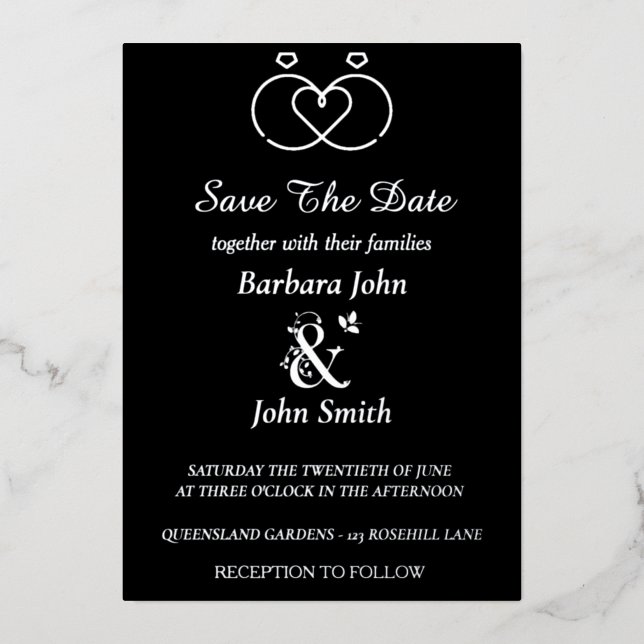 Invitación Con Relieve Metalizado Elegant Black Save The Date Foil Invitation (Anverso)