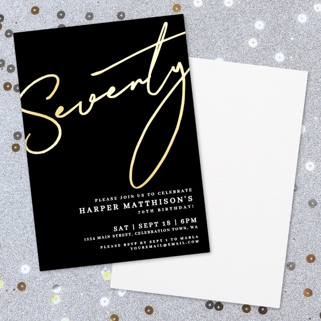 Invitación Con Relieve Metalizado Elegant Black Seventy 70th Birthday Gold (Elegant Black Seventy 70th Birthday Gold Foil Invitation)