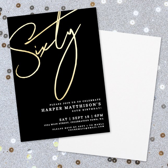 Invitación Con Relieve Metalizado Elegant Black Sixty 60th Birthday Gold (Elegant Black Sixty 60th Birthday Gold Foil Invitation)