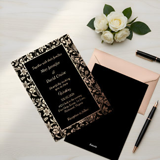 Invitación Con Relieve Metalizado Elegant Black Themed Premium Wedding Rose Gold