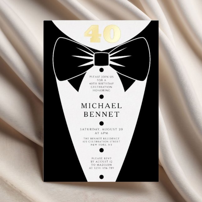 Invitación Con Relieve Metalizado Elegant Black Tuxedo 40th Birthday Gold (Elegant Black Tuxedo 40th Birthday Gold Foil Invitation
)