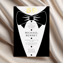 Invitación Con Relieve Metalizado Elegant Black Tuxedo 50th Birthday Gold