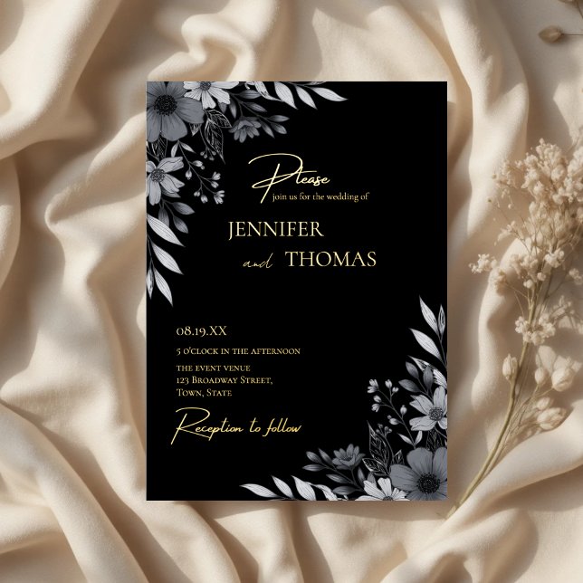 Invitación Con Relieve Metalizado Elegant Black & White Floral Hand-Drawn Wedding (Elegant Black & White Floral Hand-Drawn Wedding Foil Invitation)