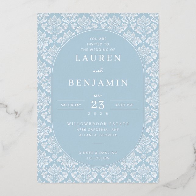 Invitación Con Relieve Metalizado Elegant Blue Damask Wedding Invitation (Anverso)