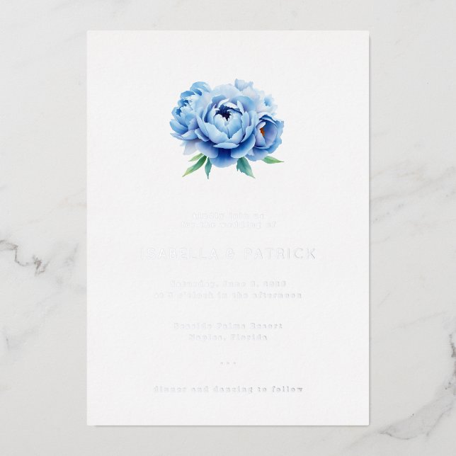 Invitación Con Relieve Metalizado Elegant Blue Floral Watercolor (Anverso)